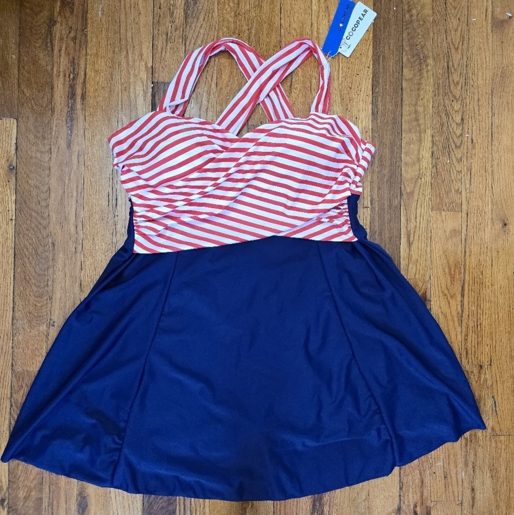 Red Stripe & Navy Skirted One-Piece Swimdress